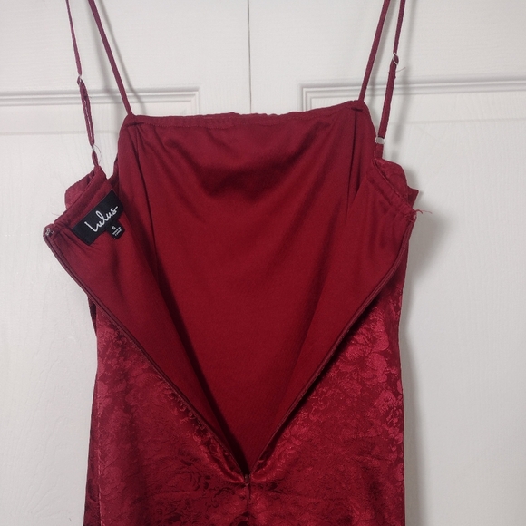 Lulus Kali Floral Satin Ruffle Mini Slip Dress Burgundy Red Size S - Picture 8 of 13
